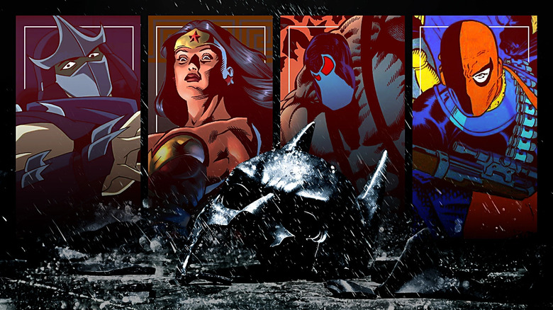 Shredder, Wonder Woman, Bane, and Deathstroke stand over Batman's broken mask