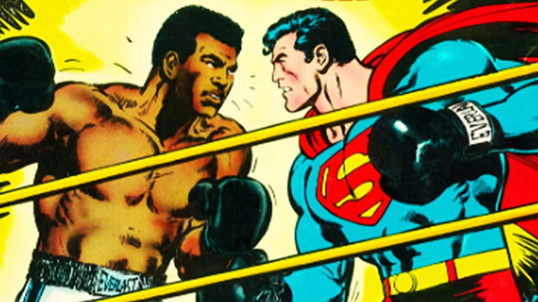 Muhammad Ali and Superman facing off in a boxing match