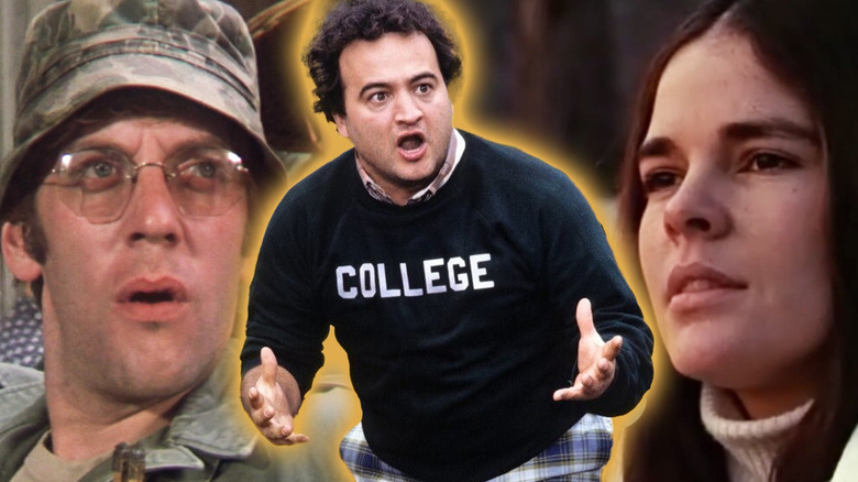 John Belushi in National Lampoon's Animal House surrounded by shots from M*A*S*H and Love Story