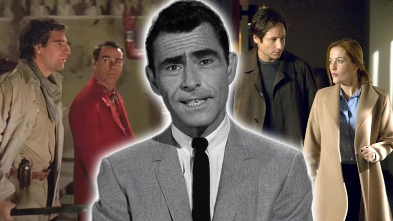 A collage of Rod Serling in The Twilight Zone (1959) flanked by Sam Beckett (Scott Bakula) and Al Calavicci (Dean Stockwell) in Quantum Leap (1989) on his left and Fox Mulder (David Duchovny) and Dana Scully (Gillian Anderson) in The X-Files (1993) on his right