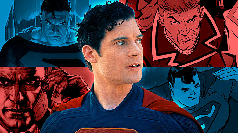 Images of Kingdom Come, Justice League International, Luthor: Man of Steel, and Superman for All Seasons, edited together behind an image of David Corenswet as Superman