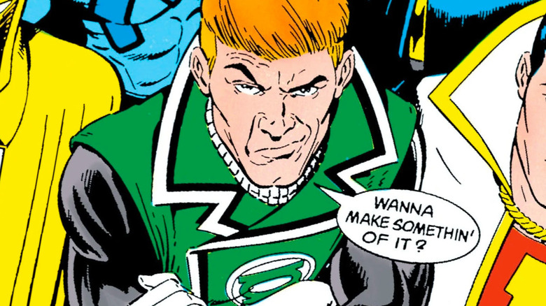 Guy Gardner surrounded by the Justice League International in DC Comics