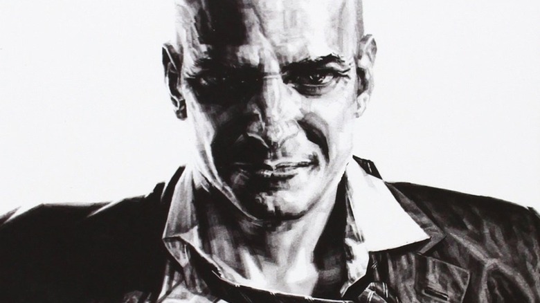 A black and white image of a scowling Lex Luthor in DC Comics