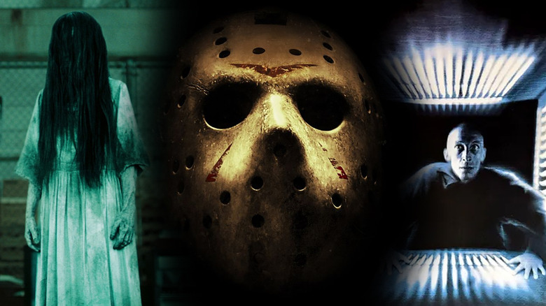 Daveigh Chase as Samara standing menacingly in The Ring, Jason Voorhees' mask from Friday the 13th, and Julian Richings as Alderson looking into a cube in Cube