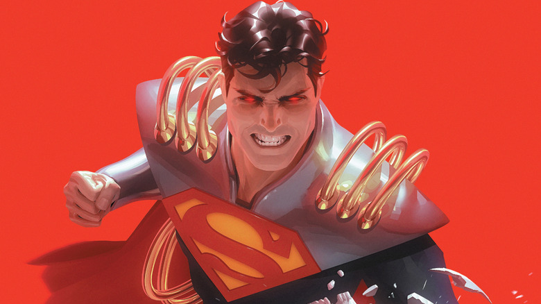 Superboy-Prime glares with his eyes glowing red in Dark Nights: Death Metal #4