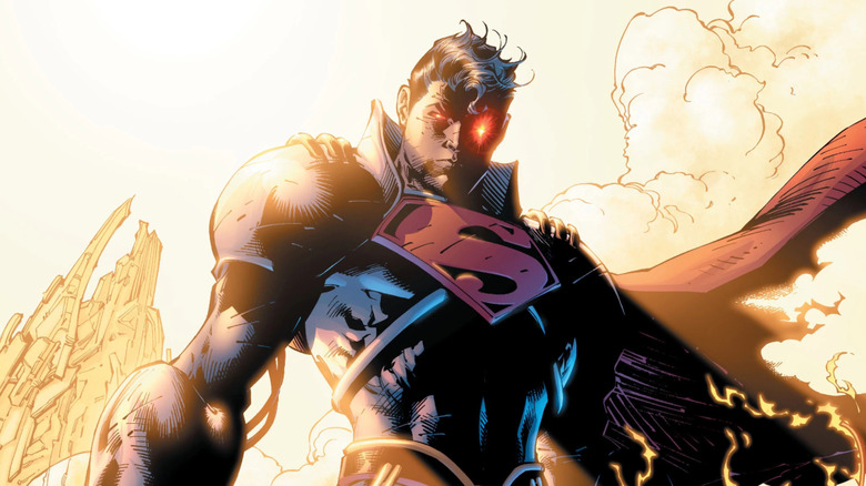 An armored Superboy-Prime looks down with his eyes glowing red in Infinite Crisis #6