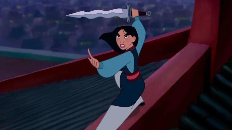 Fa Mulan (Ming-na Wen) draws a sword on a palace roof in Mulan (1998)
