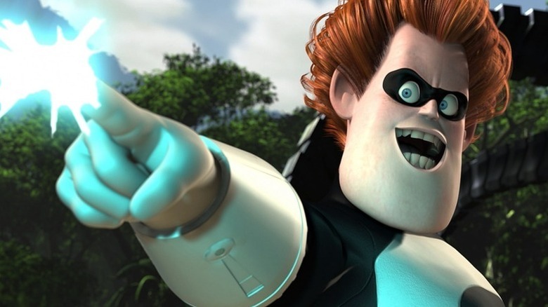 Syndrome (Jason Lee) fires a finger laser in The Incredibles