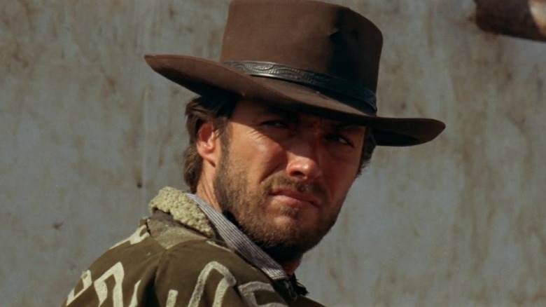 Joe (Clint Eastwood) looks to his right in A Fistful of Dollars