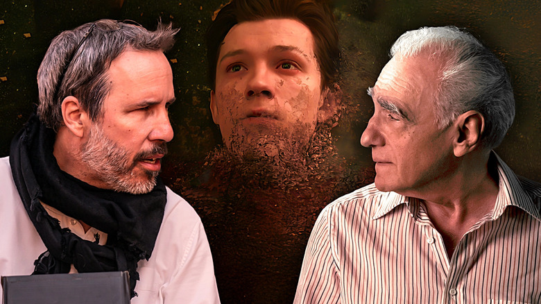Denis Villeneuve and Martin Scorsese looking at each other while Spider-Man (Tom Holland) gets dusted