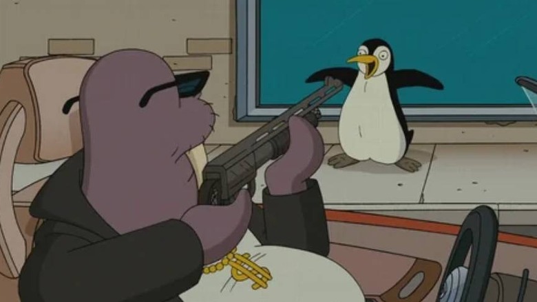 Walrus pointing a gun at a penguin in The Simpsons Movie
