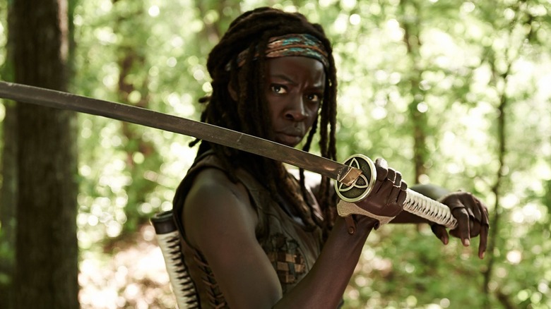 Danai Gurira as Michonne holding a katana in The Walking Dead