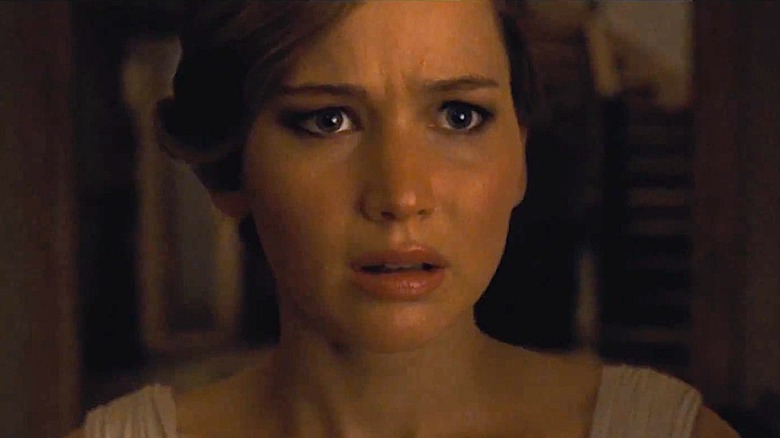 Jennifer Lawrence as the mother looking frightened in Mother!