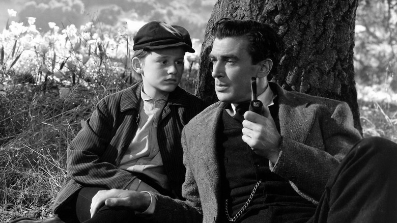 Roddy McDowall as Hew sitting under tree next to Walter Pidgeon as Mr. Gruffydd holding pipe in How Green Was My Valley