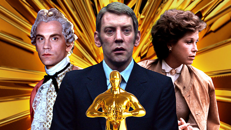 Composite image of John Malkovich in Dangerous Liaisons, Donald Sutherland in Klute, Mary Tyler Moore in Ordinary People, with Oscar statue in front of them and gold background