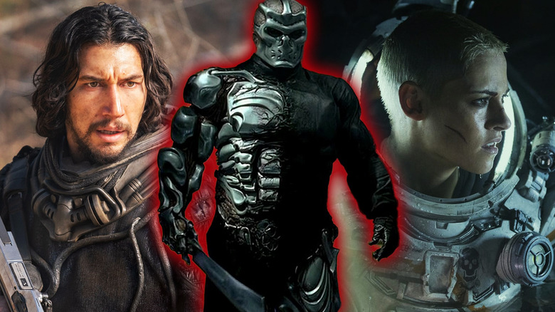 Jason Vorhees from Jason X surrounded by Adam Driver in 65 and Kristen Stewart in Underwater