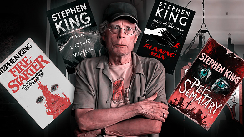 Stephen King surrounded by covers of his books: Firestarter, The Long Walk, The Running Man, and Pet Sematary