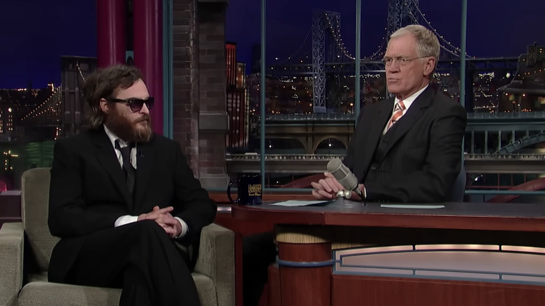 David Letterman talking to Joaquin Phoenix on The Late Show