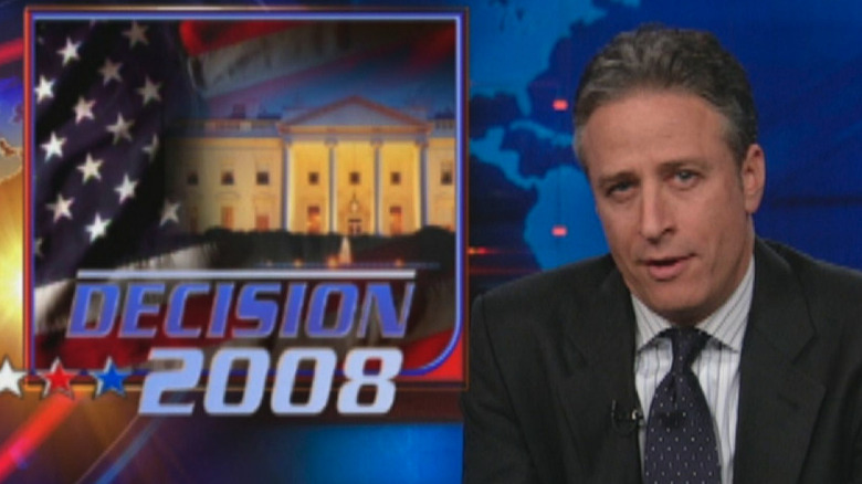 Jon Stewart doing election coverage in 2008 on The Daily Show