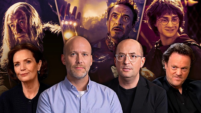Philippa Boyens, Stephen McFeely, Christopher Markus, and Steve Kloves with a backdrop of Ian McKellen as Gandalf in Lord of the Rings: The Fellowship of the Ring, Robert Downey Jr. as Iron Man in Avengers: Endgame, and Daniel Radcliffe as Harry Potter in Harry Potter and the Goblet of Fire