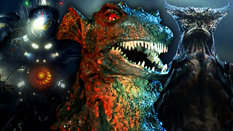 Gypsy Danger from Pacific Rim, Gorgo, and the monster from Colossal in a composite image