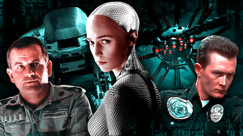 Ian Holm as Ash in Alien, Alicia Vikander as Ava in Ex Machina, and Robert Patrick as the T-1000 in Terminator 2: Judgment Day stand in front of ED-209 from RoboCop and the Sentinels from The Matrix