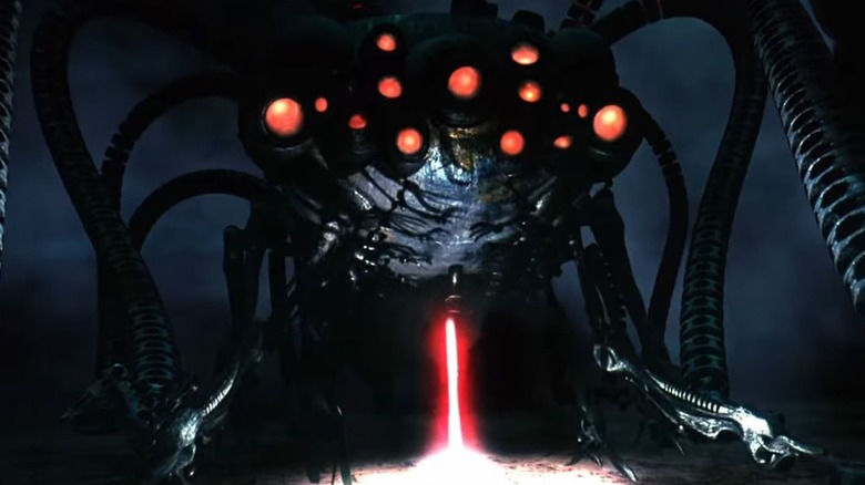 A Sentinel uses its laser to break into a structure in The Matrix