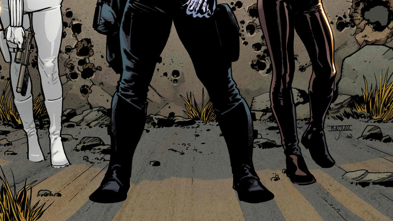 The Winter Soldier flanked by White Widow and Black Widow