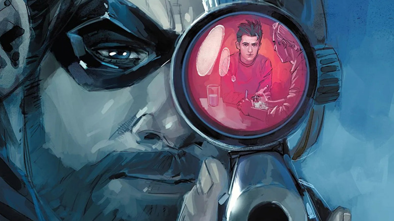 Winter Soldier aims a rifle at a boy eating dinner