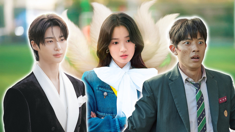 Eun-ho (Kim Hye-yoon) stands with her nine tails in No Tail to Tell behind Prince Yi Ahn (Byeon Woo-seok) in Perfect Crown and a student from All of Us Are Dead in a composite image