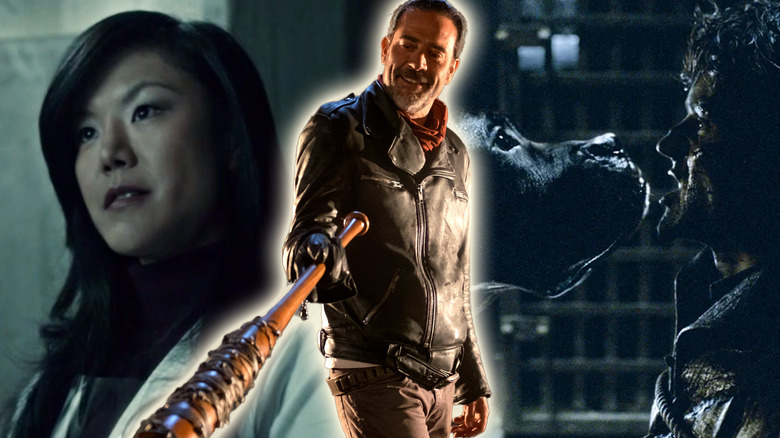 A collage of Negan (Jeffrey Dean Morgan) in The Walking Dead flanked by Beverly Katz (Hettienne Park) in Hannibal on his left and Ramsay Bolton (Iwan Rheon) facing his hound in Game of Thrones on his right