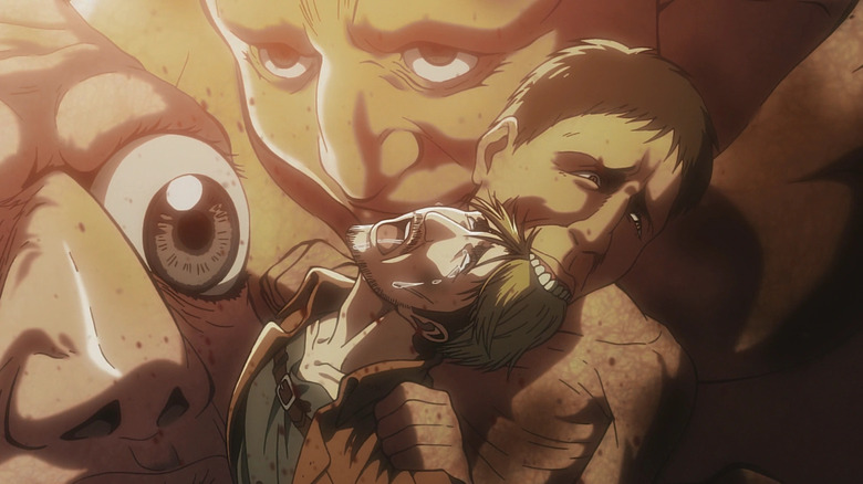 Miche Zacharius screams as Titans bite into him from all sides in Attack on Titan