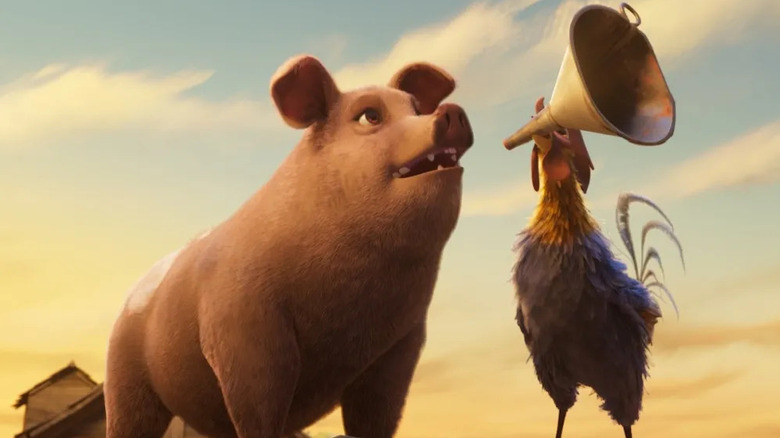 Seth Rogen as Napoleon and Andy Serkis as Randolph in Animal Farm, with Randolph holding up a funnel being used as a megaphone for Napoleon.