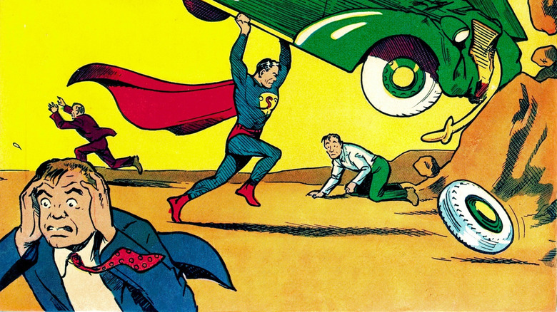Superman holding a green car above his head on the cover of Action Comics #1