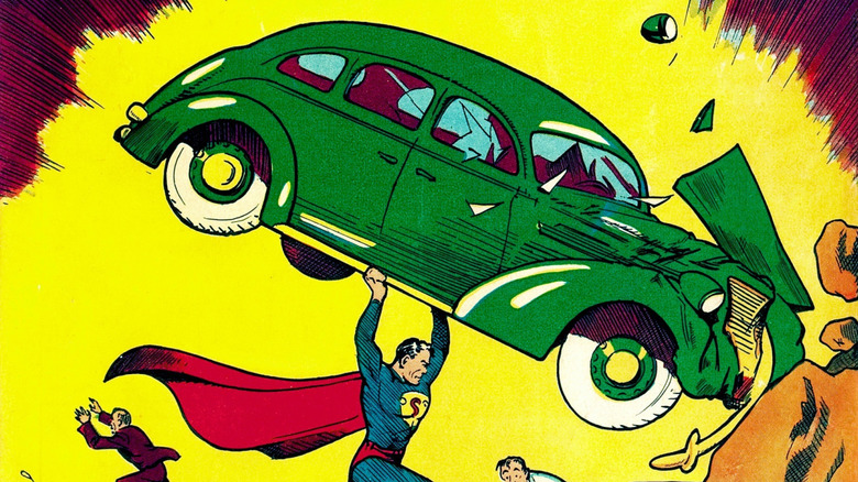Superman holding a green car above his head on the cover of Action Comics #1