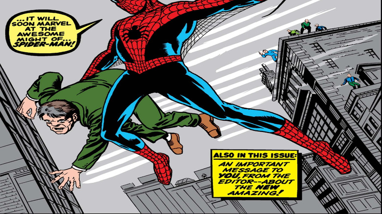Spider-Man swinging and holding a thug on the cover of Amazing Fantasy #15