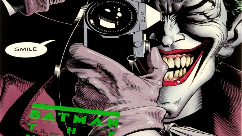 Joker taking a photo on the cover of Batman: The Killing Joke