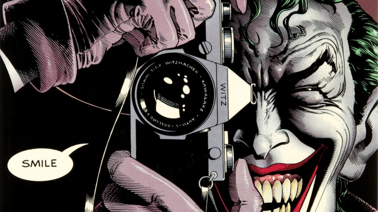 Joker taking a photo on the cover of Batman: The Killing Joke