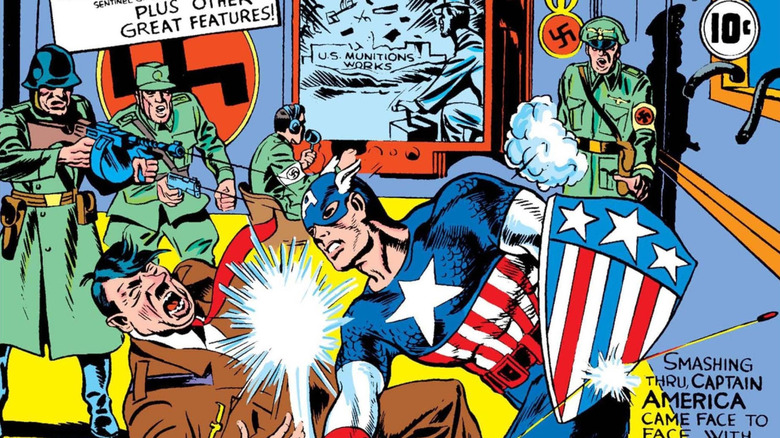 Captain America punching Adolf Hitler in Captain America Comics #1