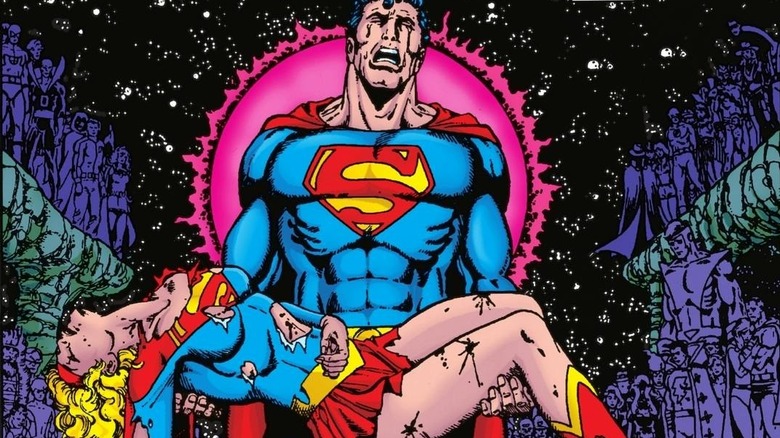 A crying Superman holding Supergirl's body on the cover of Crisis on Infinite Earths #7