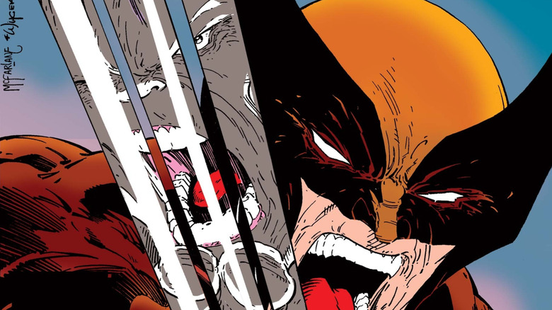 Wolverine snarling while the Hulk's reflection is in his claws in The Incredible Hulk #340