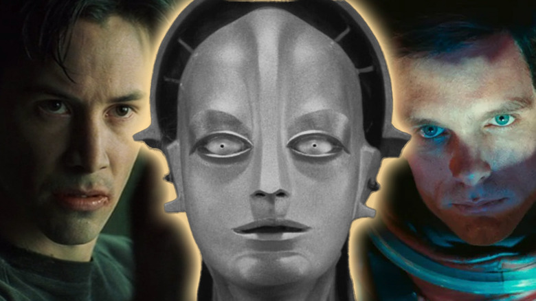 A collage of the robotic Maria (Brigitte Helm) in Metropolis (1927) in the center with Neo (Keanu Reeves) in The Matrix on her left and David Bowman (Keir Dullea) in 2001: A Space Odyssey on her right