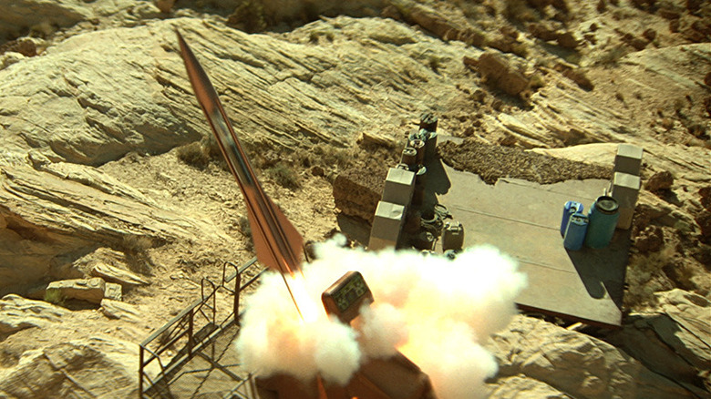 The trilithium missile takes off from its launchpad in Star Trek Generations