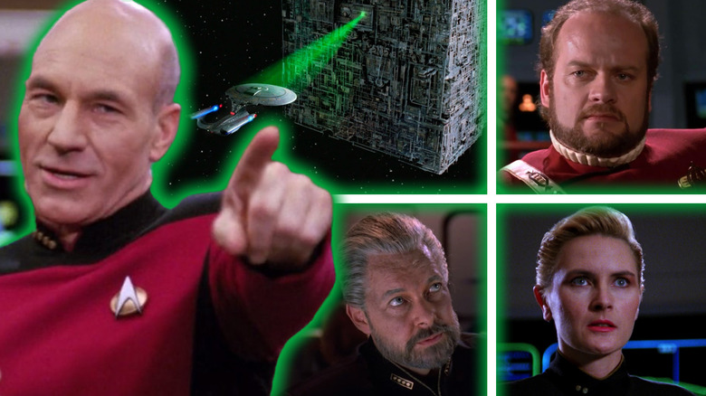 Patrick Stewart as Jean Luc Picard pointing with pleasure on Star Trek: The Next Generation surrounded by images of the Enterprise being caught by the Borg cube, Kelsey Grammer, Jonathan Frakes, and Denise Crosby in a composite image
