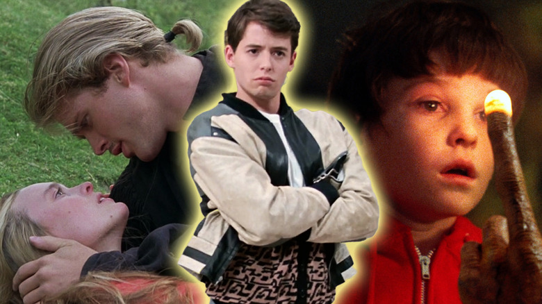 Princess Buttercup (Robin Wright) and Westley (Cary Elwes) from The Princess Bride, Ferris Bueller (Matthew Broderick) from Ferris Bueller's Day Off, and Elliott (Henry Thomas) from E.T. the Extra-Terrestrial lined up