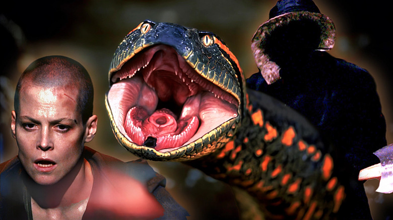 The snake from Anaconda in the middle, and around it, Sigourney Weaver in Alien 3, and the killer from Urban Legend.