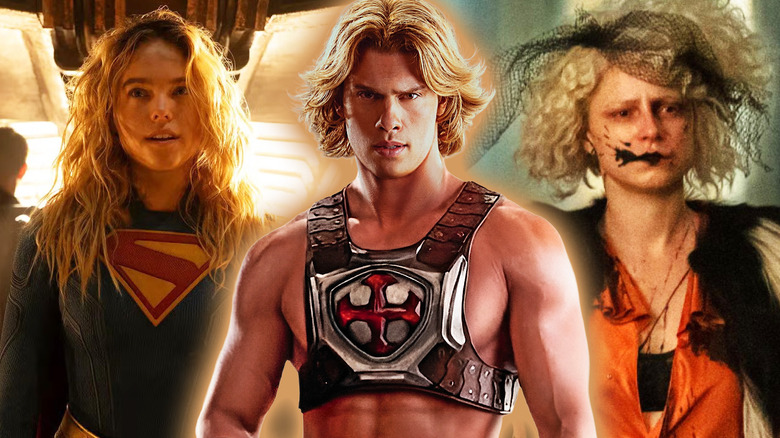A collage of He-Man (Nicholas Galitzine) in Masters of the Universe (2026) flanked by Supergirl (Milly Alcock) in Supergirl (2026) on the left and Ida (Jessie Buckley) in The Bride! on the right