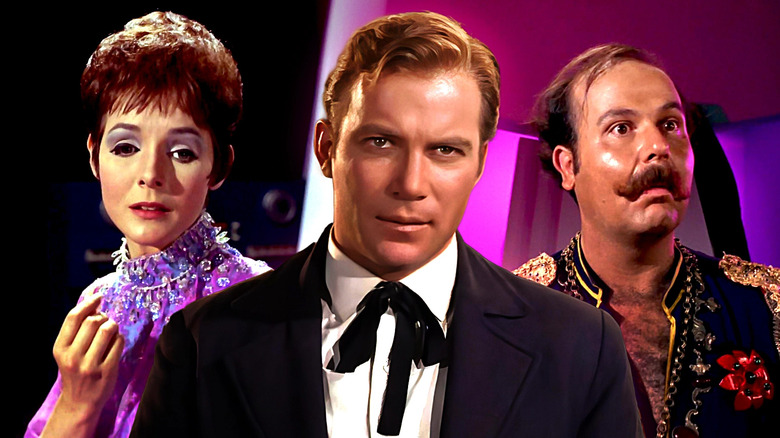 A collage of Gem (Kathryn Hays), a disguised James T. Kirk (William Shatner), and Harry Mudd (Roger C. Carmel) in Star Trek: The Original Series