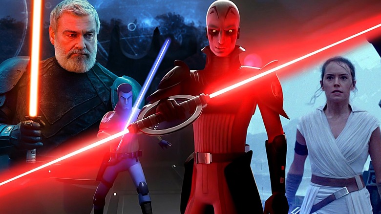 Composite image of Ray Stevenson as Baylan Skoll in Ahsoka and Kanan Jarus and Grand Inquisitor in Star Wars Rebels holding lightsabers, and Rey (Daisy Ridley) looking intense in Star Wars: Episode IX - The Rise of Skywalker