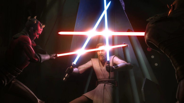 Obi-Wan deflecting two lightsabers on Star Wars: The Clone Wars